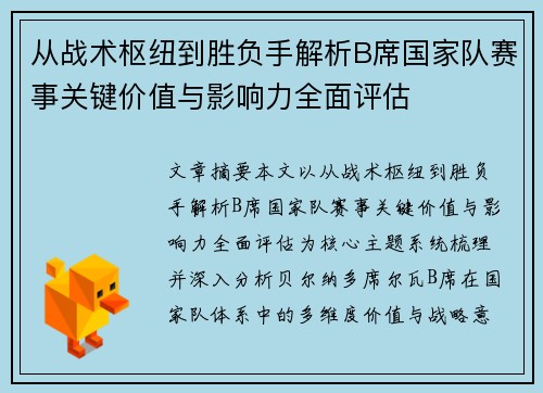 从战术枢纽到胜负手解析B席国家队赛事关键价值与影响力全面评估